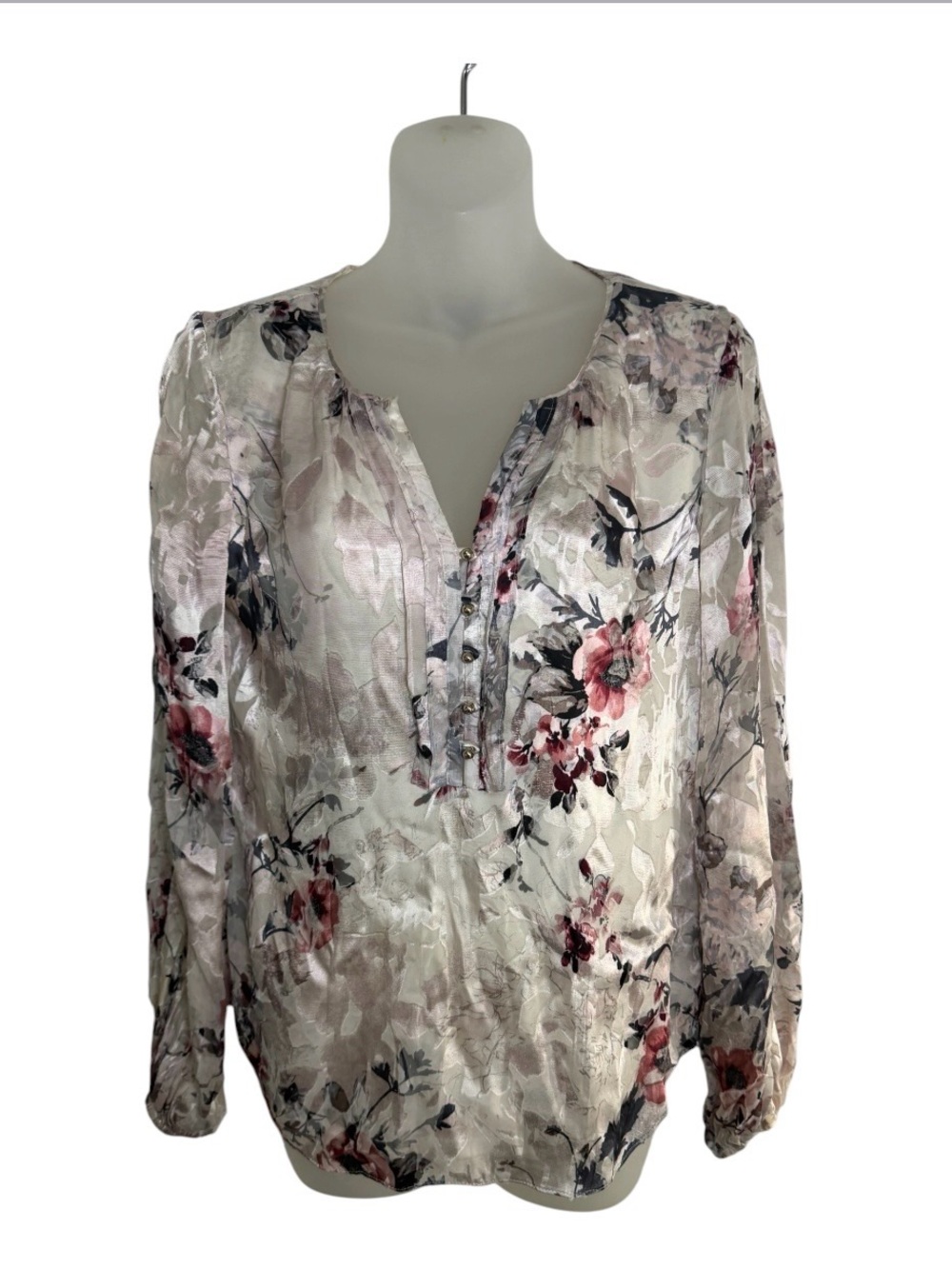 White House Black Market 4 Floral Burnout Velvet Blouse Henley Boho Whimsigoth